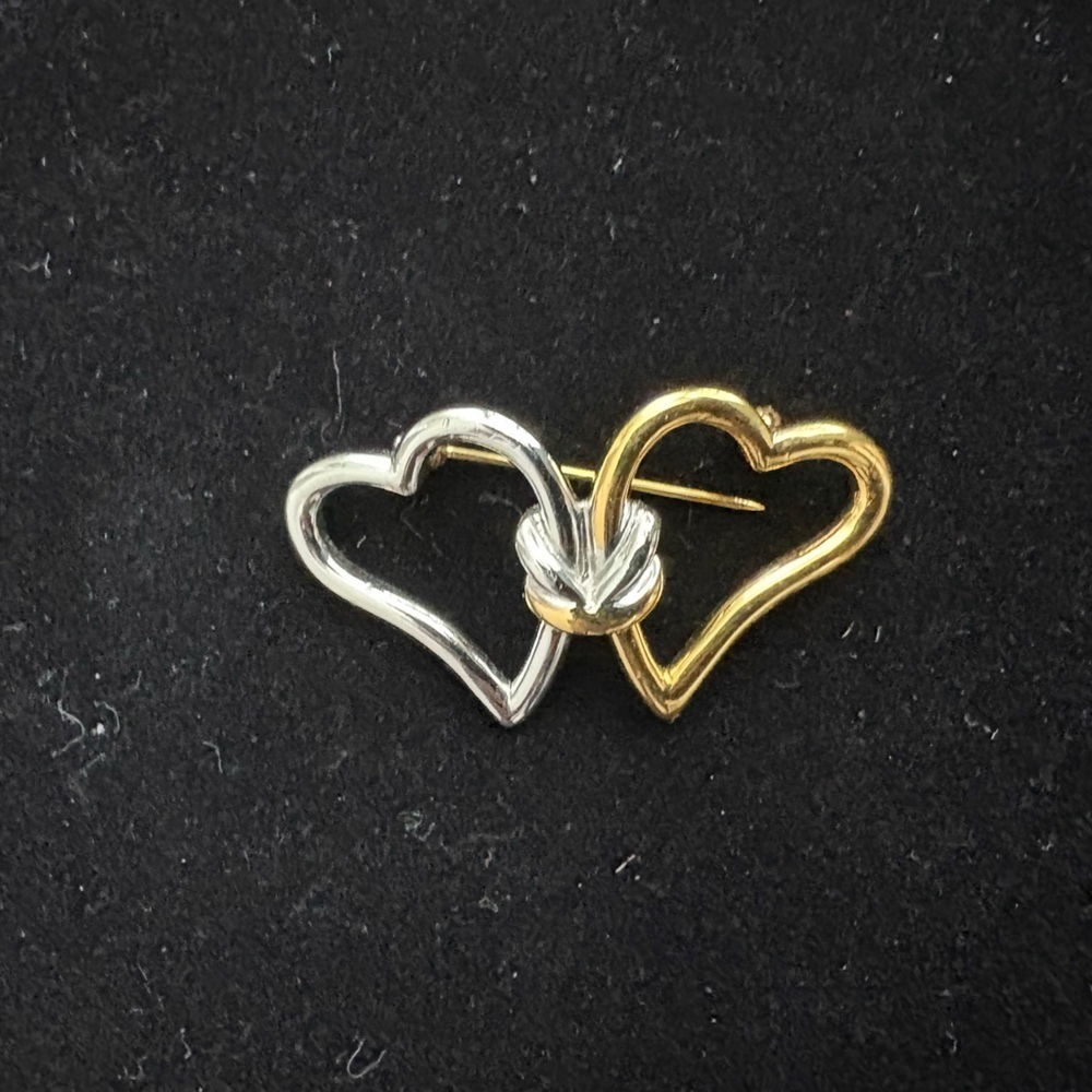 Vintage Anne Klein Late 1980s to early 1990s Two-Tone Double Heart Brooch.
